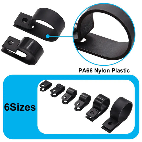 306-Piece Black Nylon R-Type Cable Clamps Kit with screws, six sizes 3/16, 1/4, 3/8, 1/2, 3/4, 1 inch for wire management