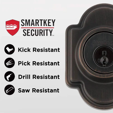 Arlington Front Door Lock Set No Brainer With Exterior Handle And Deadbolt Reversible Interior Lever Venetian Bronze Finish SmartKey Rekey Security Pick Resistant Two Hole Bore Exterior Entry Hardware showing deadbolt with SmartKey security.