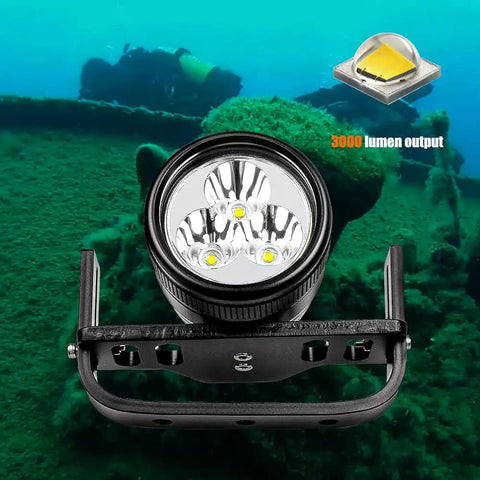 Killer 3000 Lumens Canister Dive Light Kit for Technical Scuba Diving with adjustable Goodman handle over shipwreck background