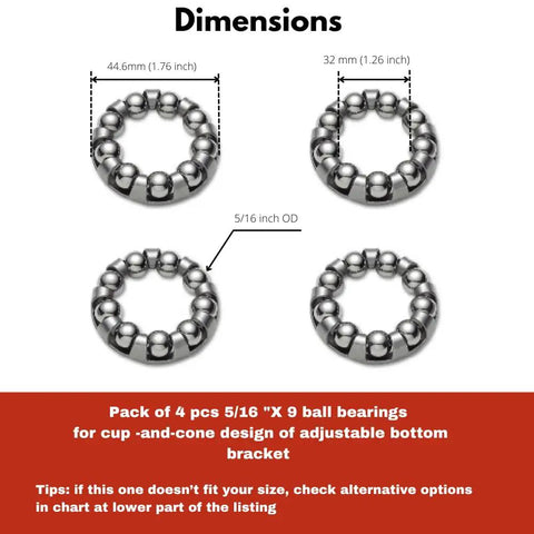 Diagram showing dimensions of Five Sixteenth Ball Bearings Set For Bike Crank Bottom Bracket Replacement Retainer Cages Pack Of Four