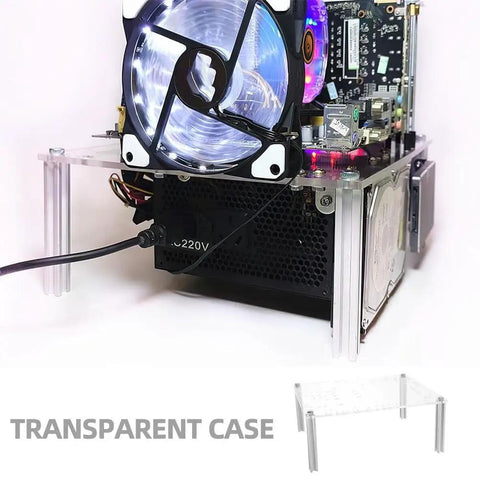 Open Air PC Case Bracket For Micro ATX Motherboards Open Frame Rig Stand, clear design showing hardware and fan installation on stable base