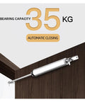 Gas Spring Automatic Door Closer With 90 Degree Stop, quiet soft closing, shown on wooden door, 35kg bearing capacity
