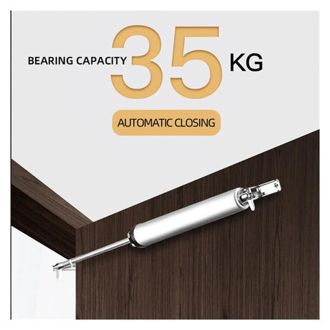 Gas Spring Automatic Door Closer With 90 Degree Stop, quiet soft closing, shown on wooden door, 35kg bearing capacity
