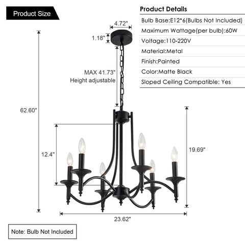Black Farmhouse Chandelier Industrial Iron Six Light Pendant dimensions and product details