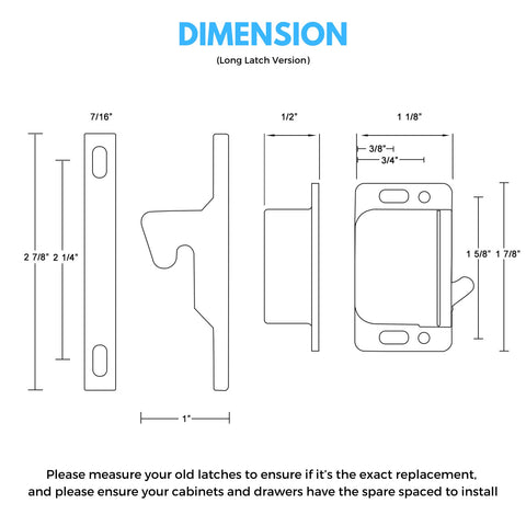 Dimensions of Heavy Duty RV Drawer Latches And Cabinet Catches 6 Pack, 10 Pull Force Replacement for RV cabinets and drawers.