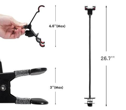 Image of Badass Flex Gooseneck Cell Phone Holder For Desk And Bedside, showing clamp and flexible arm dimensions.