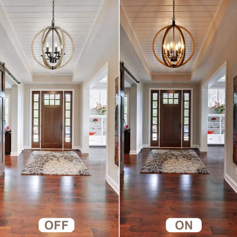 Six Light Orb Wood Chandelier With Rustic Oak Globe Frame Vintage Farmhouse Style Ceiling Light in entryway, on and off