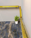 Clear Acrylic Wall Mount Handrail With Solid Gold Brackets And Sure Grip Design For Indoor Outdoor Stairs Custom Cut Lengths along a textured floor with a plant.