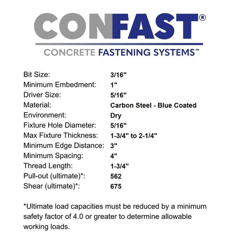 Specifications for Self-Tapping Concrete Screw Anchor With Drill Bit Included, 1/4 Inch By 3-1/4 Inch Hex Head Fastener.