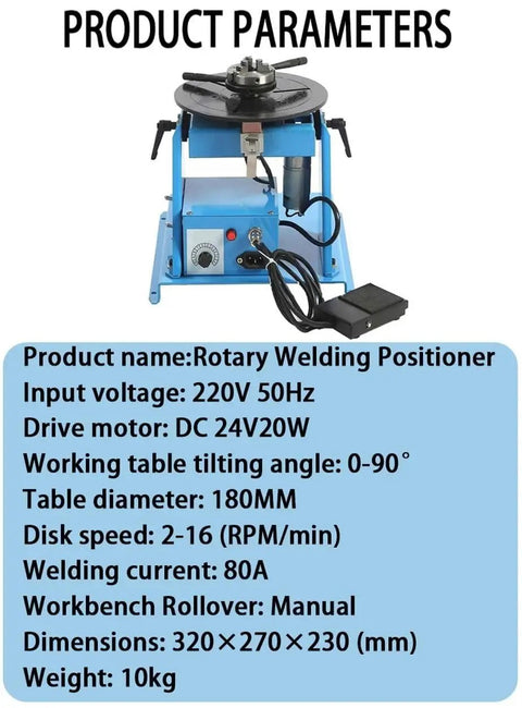 Pro Grade Automatic Rotary Welding Positioner With Smooth 0 To 90 Degree Swivel And Foot Pedal Control, 10kg capacity, 180mm table.
