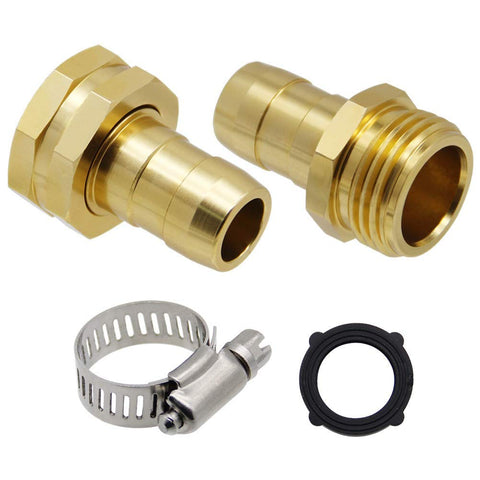 Garden Hose Repair Kit With Clamps Six Piece Set Male And Female Connectors For Three Quarter Inch Or Five Eighth Inch Hoses Aluminum Body With Copper Finish And Stainless Steel Clamps No Fuss Leak Fix And Quick Connect in close-up view showing connectors and clamp detail.