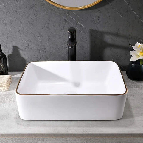 Modern White Vessel Sink For Bathroom Rectangular Porcelain Wash Basin 19x15 Inch on gray countertop with faucet