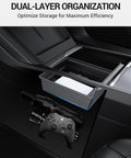 Tesla Model Y And Model 3 Center Console Organizer Tray Kit With Cup Holder Armrest Hidden Storage, dual-layer setup shown