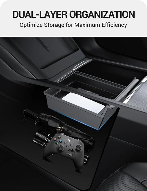 Tesla Model Y And Model 3 Center Console Organizer Tray Kit With Cup Holder Armrest Hidden Storage, dual-layer setup shown
