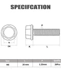 Specifications diagram of Heavy Duty M8 X 20mm Flanged Hex Head Bolts 25 Piece Pack Class 10.9 Grade.