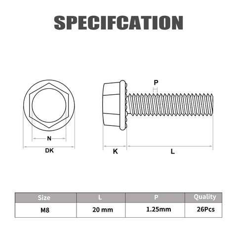 Specifications diagram of Heavy Duty M8 X 20mm Flanged Hex Head Bolts 25 Piece Pack Class 10.9 Grade.