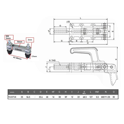 Technical drawing and dimensions of Built Tough Double Headed Toggle Clamp, Heavy Duty Push Pull Clamp With 600kg Clamping Force.