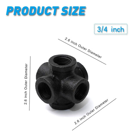 Three Quarter Inch Black Six Way Side Outlet Tee For Malleable Iron Pipe Fittings Industrial Vintage Style Flanges
