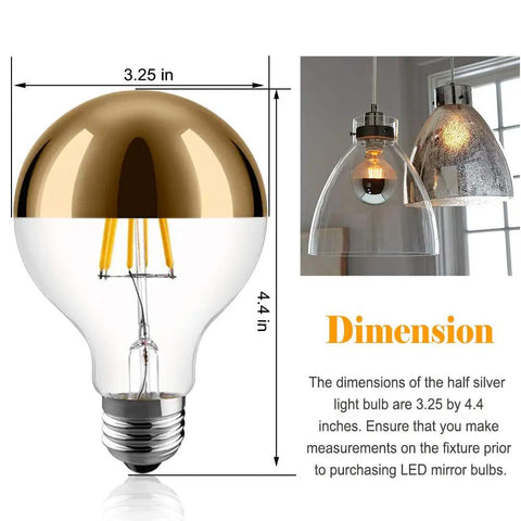Half Chrome LED Edison Bulbs, Dimmable 6W (60W Equiv), G80 Globe Shape with dimensions and bulb size details