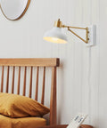 1 Light Plug In Or Hardwire Swing Arm Wall Sconce With White Finish Brass Accents White Cloth Cord Mounted Bedside Lamp For Bedroom Or Kitchen Sconces Bulb Not Included