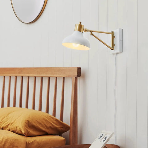 1 Light Plug In Or Hardwire Swing Arm Wall Sconce With White Finish Brass Accents White Cloth Cord Mounted Bedside Lamp For Bedroom Or Kitchen Sconces Bulb Not Included