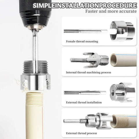 Premium 3-Piece Integrated PVC Pipe Threading Tool Set With Carbon Steel Build, shows threading tool mounted on PVC pipe.