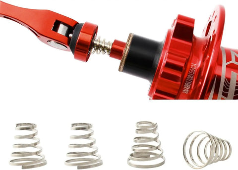 Universal Stainless Steel Quick Release Skewer Springs Kit For Mountain And Road Bikes 10 Pack shown with red hub and springs