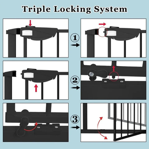 Triple Lock Baby Gate, Extra Wide 44.5 To 48 Inch, Pressure Mounted Walk-Through Swing Auto-Close Safety Gate locking system details