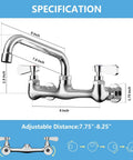 Wall Mount Kitchen Faucet With 8 Inch Center Swivel Spout Dual Handle Heavy Duty Pro Grade Chrome Mixer Tap For Laundry And Utility Sinks Easy DIY Installation Restaurant Style Water Faucet, with dimensions and adjustable distance