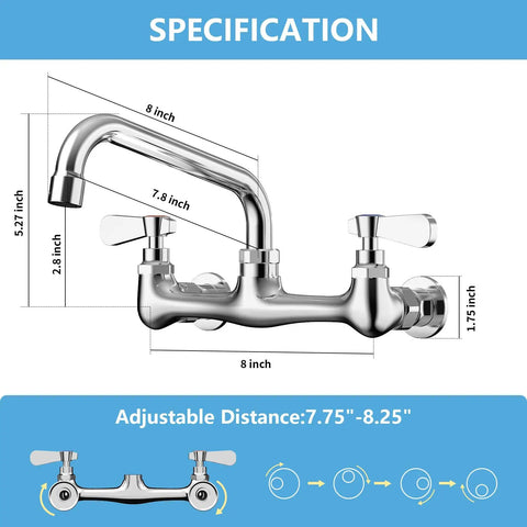 Wall Mount Kitchen Faucet With 8 Inch Center Swivel Spout Dual Handle Heavy Duty Pro Grade Chrome Mixer Tap For Laundry And Utility Sinks Easy DIY Installation Restaurant Style Water Faucet, with dimensions and adjustable distance