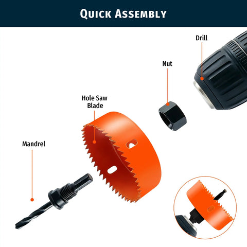 Effortless Hole Saw Kit With Nine Sizes From Three Quarter Inch To Three Inch 19 To 76 Mm Carbon Steel Set Includes Mandrels