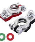 Straight Up Heavy Duty Positive And Negative Battery Terminal Connector Pair Rust Resistant Galvanized Iron Clamps displayed with red and green washers.