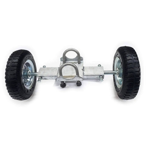 Front view of dual wheel carrier from Heavy Duty Sliding Gate Hardware Kit With Dual Wheel Carriers And 8 Inch Pneumatic Wheels