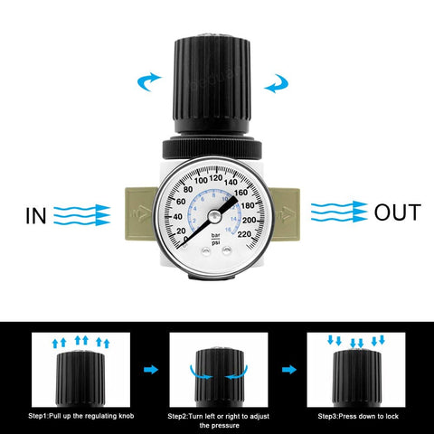 1/4 NPT Air Pressure Regulator With Gauge And Bracket For Pneumatic Tool Systems, Precise 0-180 PSI Adjustable Control, steps shown
