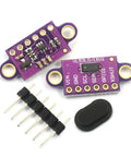 High Grade ToF Laser Range Finder Module With I2C Port For Arduino And Raspberry Pi Kits, purple circuit board with pins.