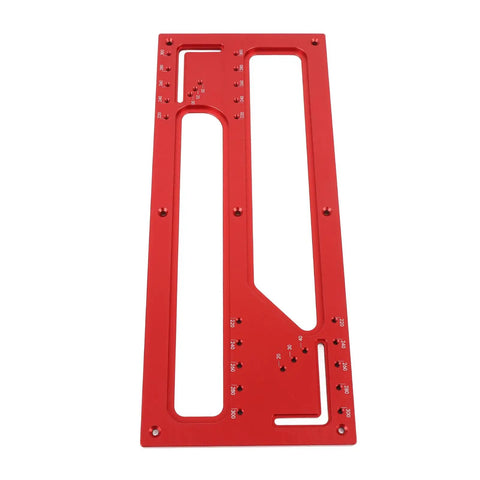 Zero Mess Cabinet Door Flush Mount Template Aluminum Alloy Slotting Guide Set Includes Semi Circular Router Bit For Dead Nuts Accurate Woodworking Projects, red metal cutting template with numeric markings.