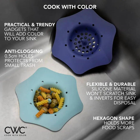 Colorful Silicone Kitchen Sink Strainer Set, No-Fuss Flexible Flower Shaped Drain Filters in Blue Teal, Double Pack on sink