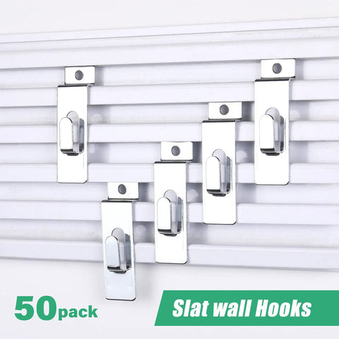 50 Pack Slatwall Hooks Notch Hangers for Wall Displays Metal Pegboard Slat Grid Accessories in Silver mounted on slatwall