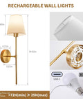 Set Of Two Battery Powered Wall Sconces Featuring Rechargeable E26 Led Bulbs Sleek Modern Frame No Wire Hassle Straight Forward Install To Amp Up Your Hallway Game Changing Lighting Upgrade showing dimensions and USB-C charging.