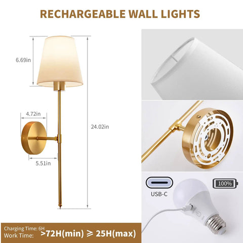 Set Of Two Battery Powered Wall Sconces Featuring Rechargeable E26 Led Bulbs Sleek Modern Frame No Wire Hassle Straight Forward Install To Amp Up Your Hallway Game Changing Lighting Upgrade showing dimensions and USB-C charging.