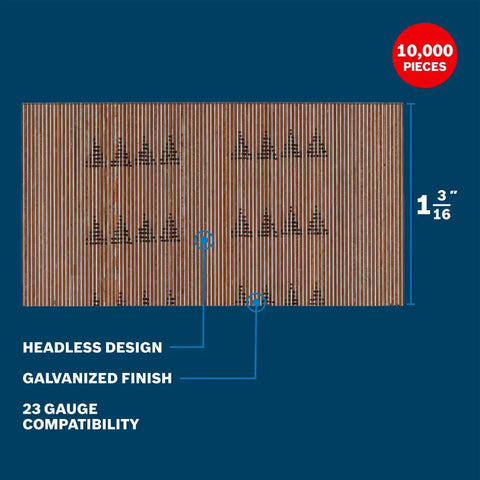 23 Gauge Headless Pin Nails 1-3/16 Inch Galvanized Finish Nails For Pin Nailer 10000 Count Pack Compatible With Most 23G Pin Nailers Professional Grade Fasteners For Thick Trim Molding Cabinetry And Joinery, 10,000-piece pack