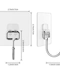 Heavy Duty Adhesive Hooks 44 Lb Max 20 Pack No Drill No Nails Wall Hangers Self Adhesive Clear Removable Traceless Waterproof And Rustproof For Bathroom Kitchen Home, featuring stainless steel hook on clear PVC backing with dimensions.