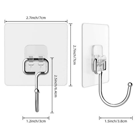 Heavy Duty Adhesive Hooks 44 Lb Max 20 Pack No Drill No Nails Wall Hangers Self Adhesive Clear Removable Traceless Waterproof And Rustproof For Bathroom Kitchen Home, featuring stainless steel hook on clear PVC backing with dimensions.