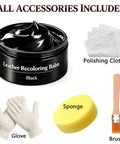 No Brainer Black Leather Recoloring Balm Kit includes black balm, glove, sponge, brush, and polishing cloth for easy touch ups.