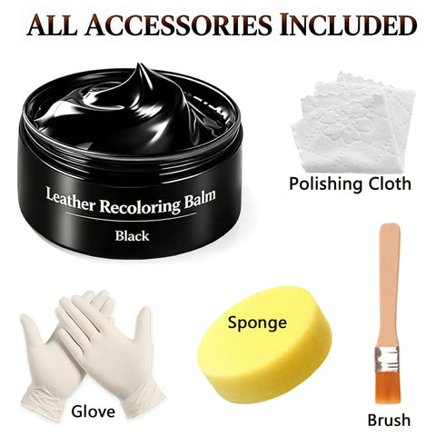 No Brainer Black Leather Recoloring Balm Kit includes black balm, glove, sponge, brush, and polishing cloth for easy touch ups.
