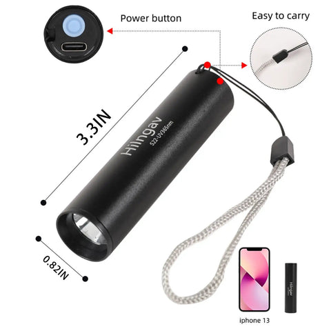 4 Pack Rechargeable UV Blacklight Flashlights 365nm And 395nm Mini LED Handheld Torches with dimensions and USB-C port