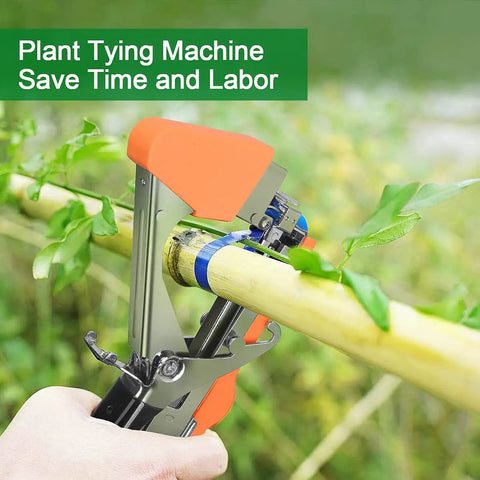 Plant Tying Machine For Grapes Raspberries Tomatoes And Vining Vegetables with orange handle tying a vine to a trellis.
