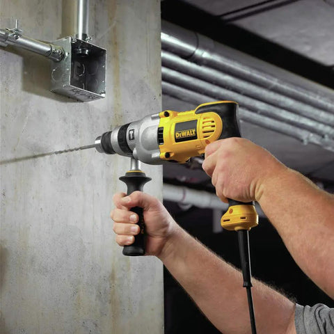 Worker using Beefy One Half Inch 10 Amp Hammer Drill With Pistol Grip And Dual Mode For Masonry Wood And Steel High Power Motor.