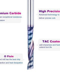 SpeTool 1/4 in shank, 3 in solid carbide end mill, TAC coated, spiral upcut O-flute (front view)