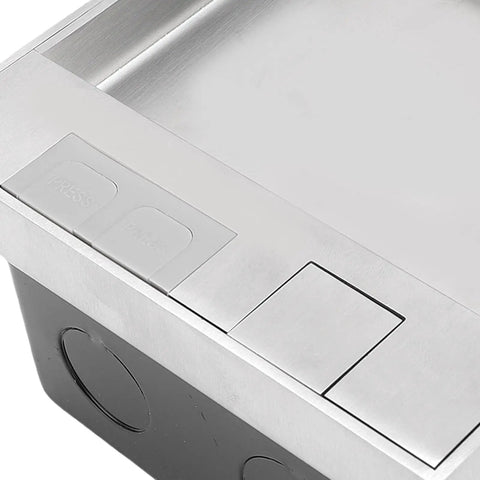 Close-up of Stainless Steel Recessed Floor Outlet Kit Featuring A Slick Pop Up Handle and Totally Concealed Design.